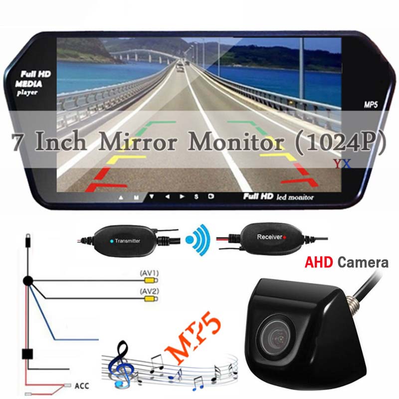 Wireless AHD 7 Inch TFT LCD Colorful Mirror Monitor Viedo Input AV1/2 MP5 Player Car Rear View Backup Reversing Camera